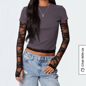 Edikted Layered Lace Sleeve T-Shirt- grey and black. Size medium